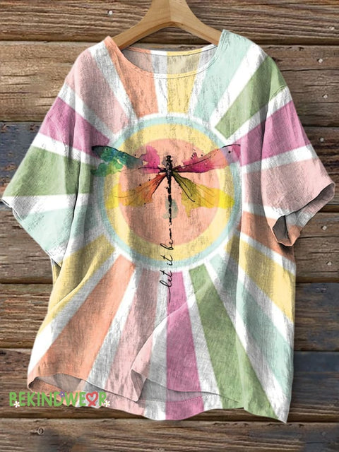 Dragonfly Let It Be Printed Casual Round Collar Cotton Shirt Multicolor / S