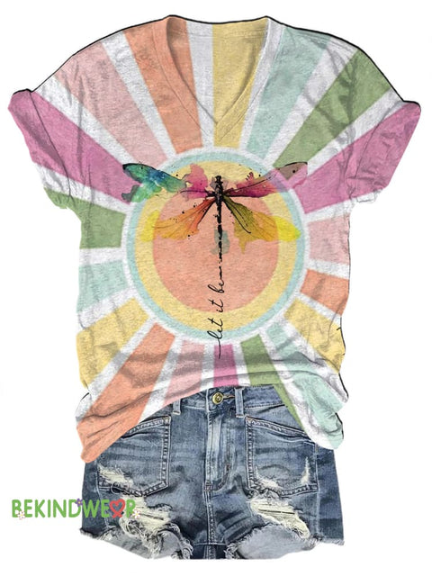 Dragonfly Let It Be Printed Casual V-Neck Short Sleeve T-Shirt Multicolor / S