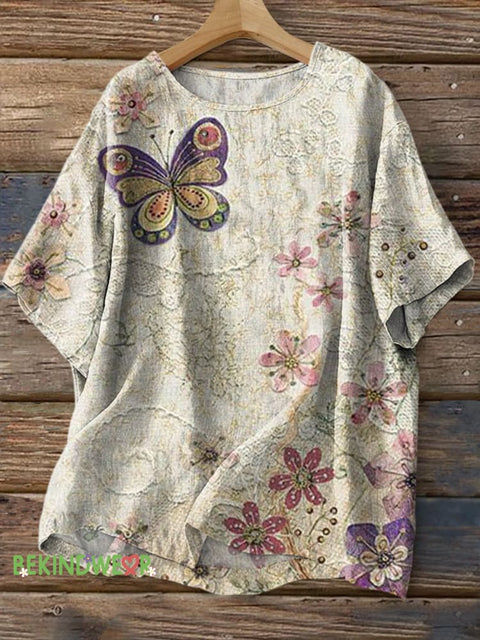 Elegant Butterfly Print Casual Round Collar Cotton Linen Shirt Multicolor / S