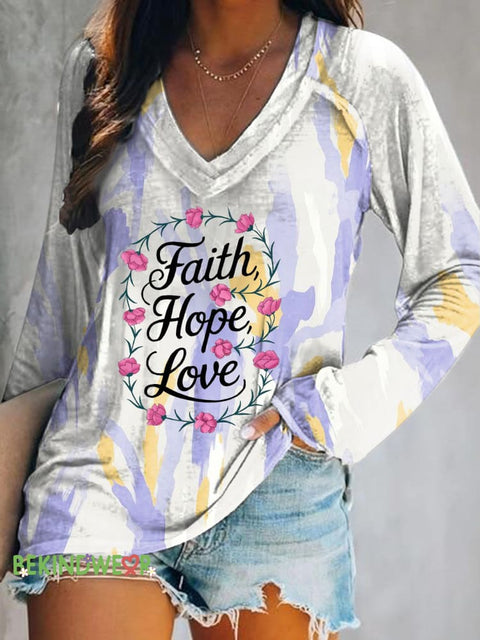 Faith Hope Love Wreath Print Loose Casual V-Neck Long Sleeve Top Color / S