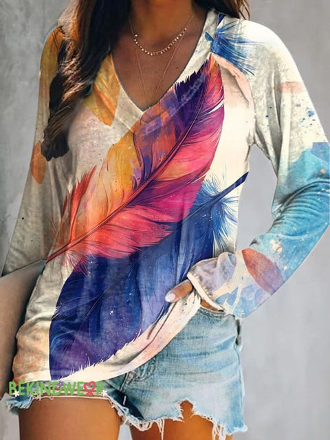 Feather Printed Casual V-Neck Long Sleeve T-Shirt Multicolor / S