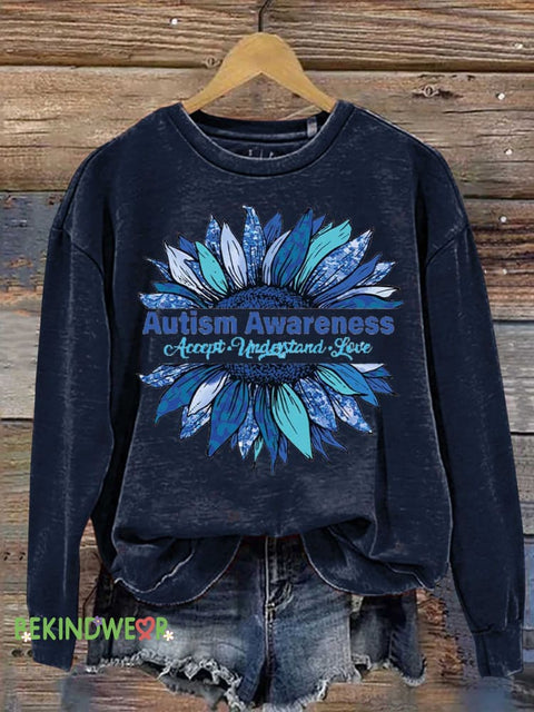 Floral Accept Understand Love Autism Awareness Casual Sweatshirt Blue / S