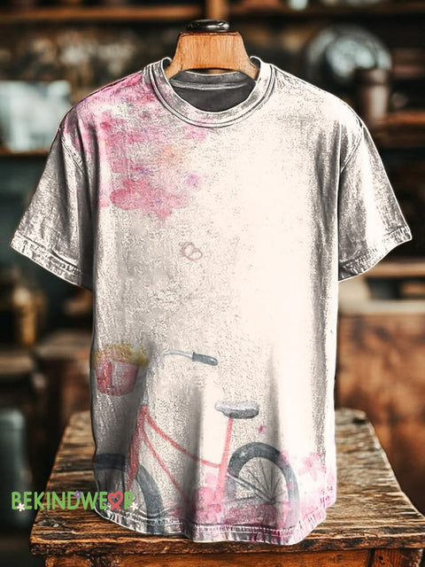 Floral Bicycle Print Casual Round Neck Short Sleeve T-Shirt Multicolor / S