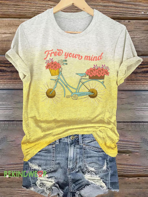 Free Your Mind Flower Bicycle Print Casual Round Neck Short Sleeve T-Shirt Multicolor / S