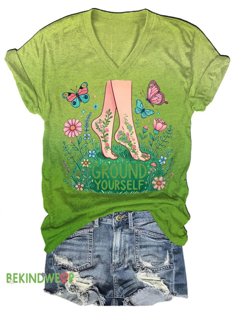 Ground Yourself Grass Butterfly Print Casual V-Neck Short Sleeve T-Shirt Multicolor / S
