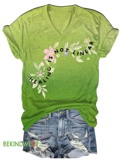 Healing Is Not Linear Printed Casual V-Neck Short Sleeve T-Shirt Multicolor / S