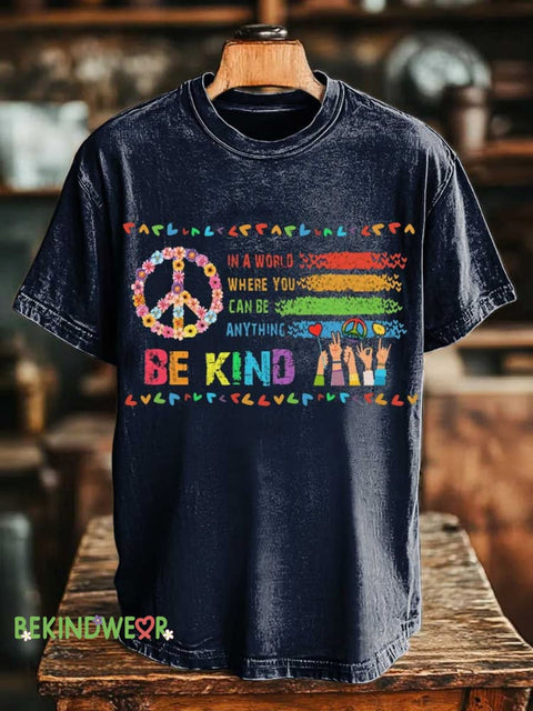IN A WORLD WHERE YOU CAN BE ANYTHING BE KIND Peace Sign T-shirt Blue / S