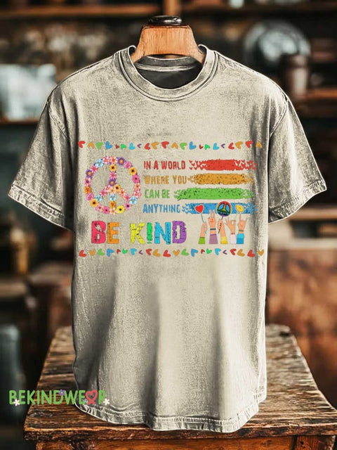 IN A WORLD WHERE YOU CAN BE ANYTHING BE KIND Peace Sign T-shirt Sand / S