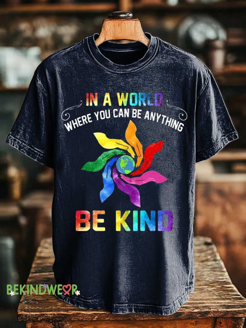 IN A WORLD WHERE YOU CAN BE ANYTHING BE KIND Rainbow T-shirt Blue / S