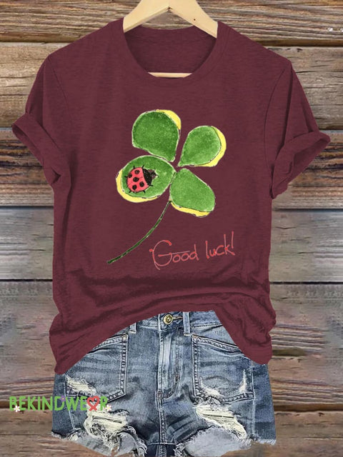Lucky Clover Ladybug Print Casual Round Neck Short Sleeve T-Shirt Brown / S