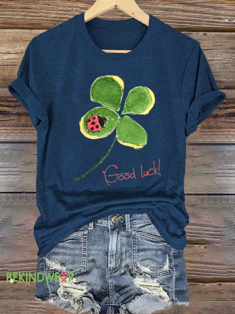 Lucky Clover Ladybug Print Casual Round Neck Short Sleeve T-Shirt NavyBlue / S