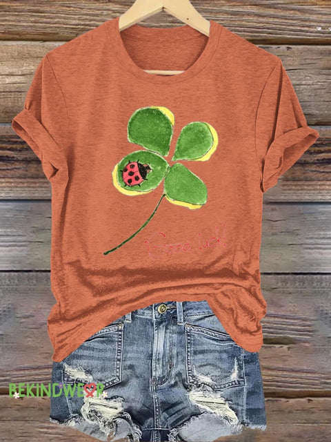 Lucky Clover Ladybug Print Casual Round Neck Short Sleeve T-Shirt Orange / S