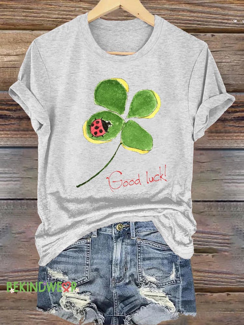 Lucky Clover Ladybug Print Casual Round Neck Short Sleeve T-Shirt White / S