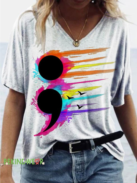 Mental Health Matter Symbol Print Casual V-Neck Short Sleeve T-Shirt Multicolor / S