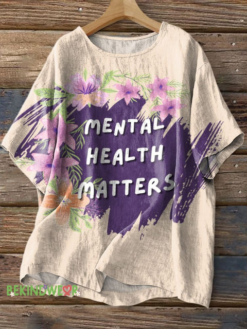 Mental Health Matters Petunia Print Casual Cotton Linen Shirt Multicolor / S