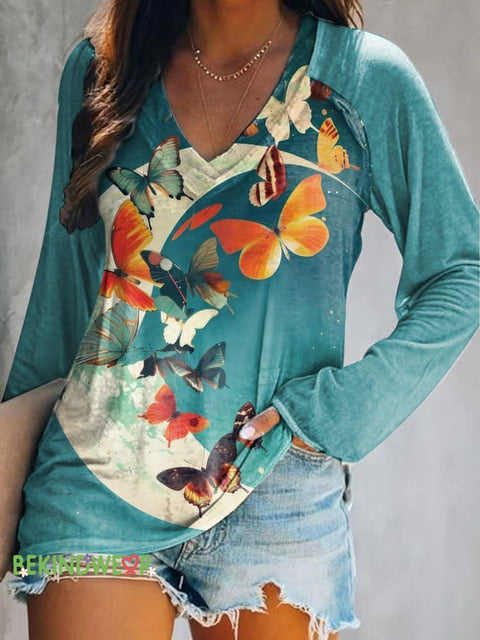 Moon Butterfly Print Casual V-neck Long Sleeve T-shirt Multicolor / S