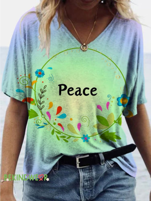 Peace Gradient Print Casual V-Neck Short Sleeve T-Shirt Multicolor / S