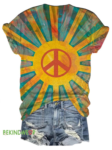 Peace Tie-Dye Print Casual V-Neck Short Sleeve T-Shirt Multicolor / S