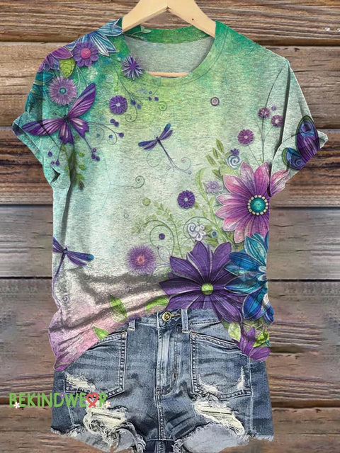 Retro Dragonfly Floral Print Casual Round Neck Short Sleeve T-Shirt Multicolor / S