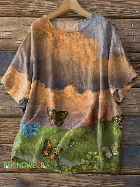 Sky Meadow Butterfly Spirit Healing Print Casual Cotton Linen Shirt Multicolor / S