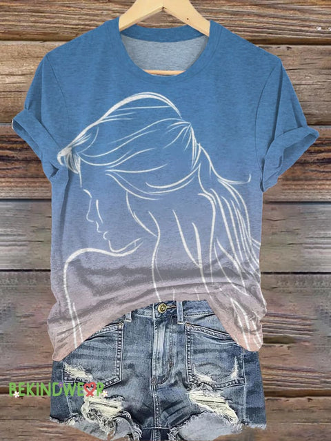Sky Portrait Line Print Casual Round Neck Short Sleeve T-Shirt Multicolor / S