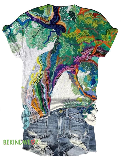Tree print casual V-neck short-sleeved T-shirt Multicolor / S