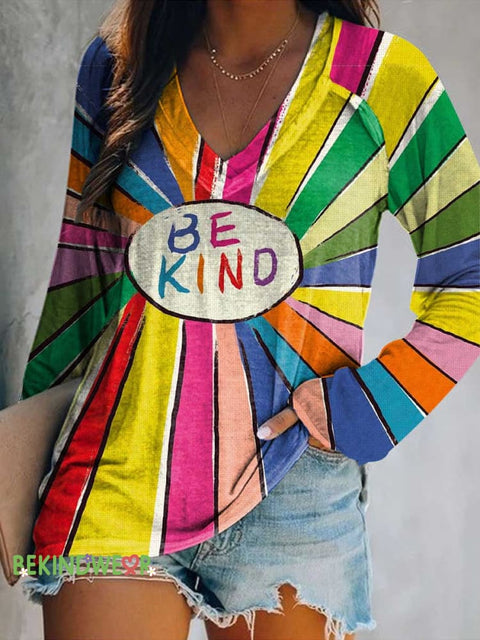 Women’s Be Kind Print Casual V Neck Long Sleeve Tops Multicolor / S