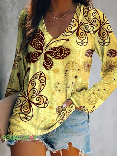 Women’s Butterfly Print Casual V Neck Long Sleeve Tops Multicolor / S