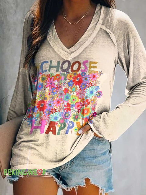 Women’s CHOOSE HAPPY Floral Print Casual V Neck Long Sleeve Tops Multicolor / S