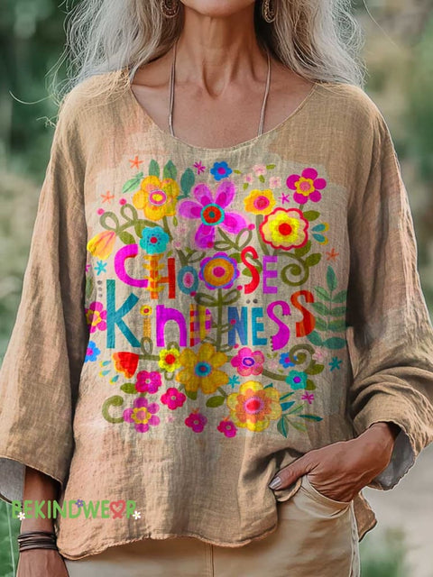 Women’s Choose Kindness Floral Print Casual Cotton And Linen Shirt Multicolor / S
