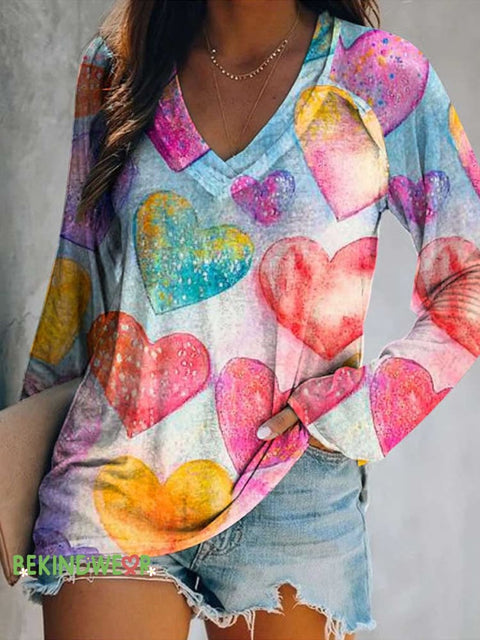 Women’s Colorful Heart Print Casual V Neck Long Sleeve Tops Multicolor / S
