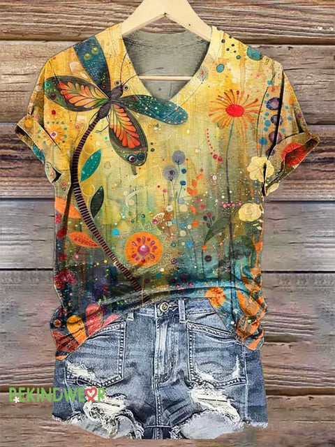 Women’s Dragonfly Floral V-neck Casual T-Shirt Multicolor / S