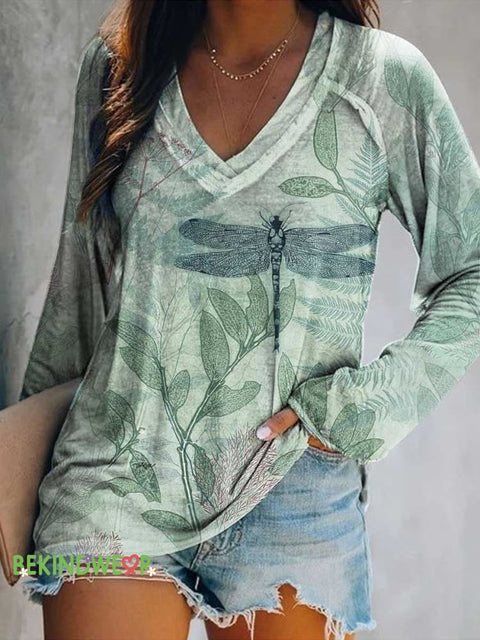 Women’s Dragonfly Print Casual V Neck Long Sleeve Tops Multicolor / S