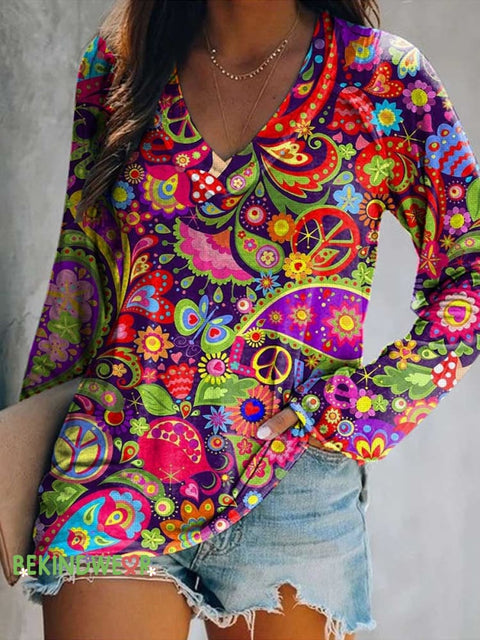 Women’s Floral Butterfly Peace Sign Love and Peace Print V Neck Long Sleeve Tops Color / S