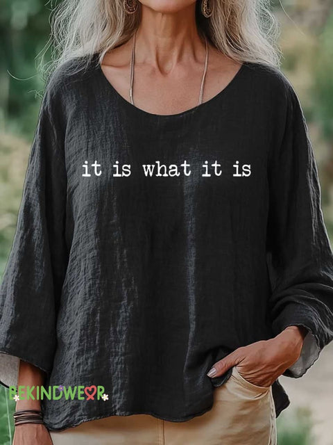 Women’s It Is What It Is Print Casual Cotton And Linen Shirt Black / S