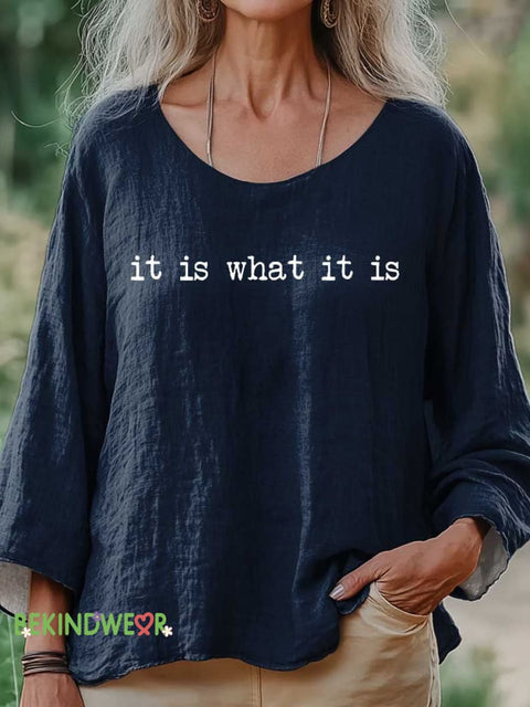Women’s It Is What It Is Print Casual Cotton And Linen Shirt Blue / S