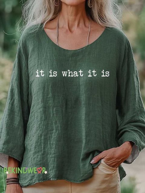 Women’s It Is What It Is Print Casual Cotton And Linen Shirt Green / S