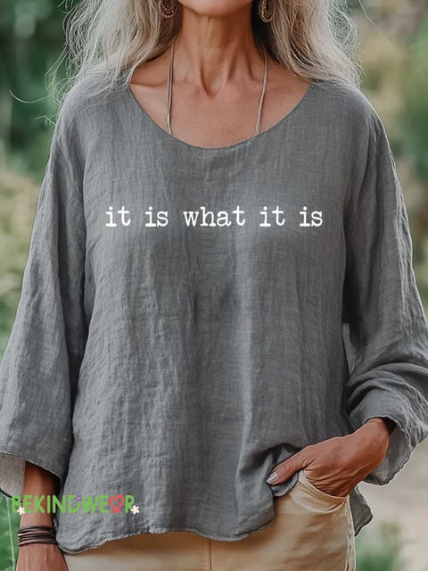 Women’s It Is What It Is Print Casual Cotton And Linen Shirt Grey / S