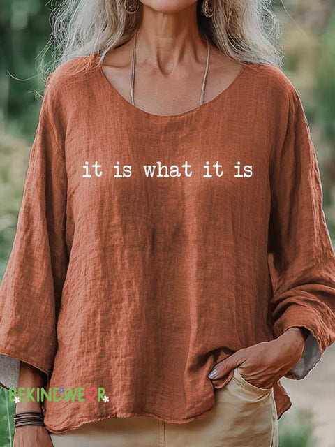 Women’s It Is What It Is Print Casual Cotton And Linen Shirt Orange / S