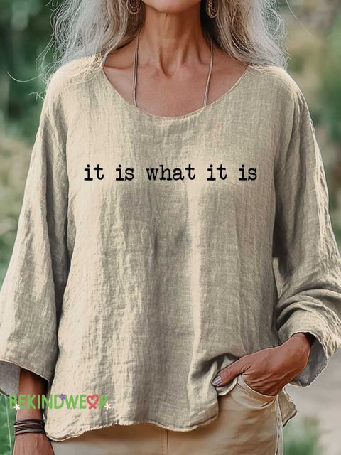 Women’s It Is What It Is Print Casual Cotton And Linen Shirt Sand / S