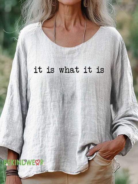 Women’s It Is What It Is Print Casual Cotton And Linen Shirt White / S