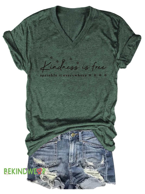 Women’s Kindness Is Free Sprinkle It Everywhere V-neck Casual T-Shirt Green / S