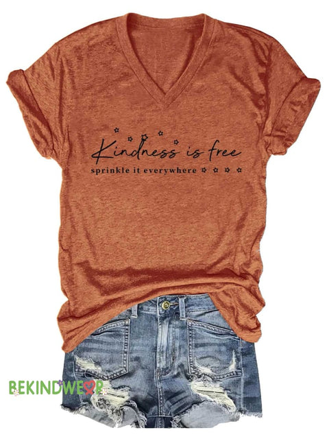 Women’s Kindness Is Free Sprinkle It Everywhere V-neck Casual T-Shirt Orange / S
