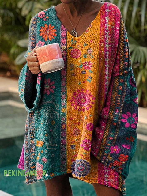Women’s Retro Floral Casual Pullover Sweater Multicolor / M