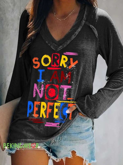 Women’s SORRY I AM NOT PERFECT Print Casual V Neck Long Sleeve Tops Black / S