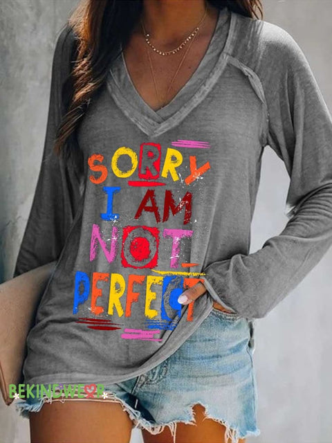 Women’s SORRY I AM NOT PERFECT Print Casual V Neck Long Sleeve Tops Grey / S