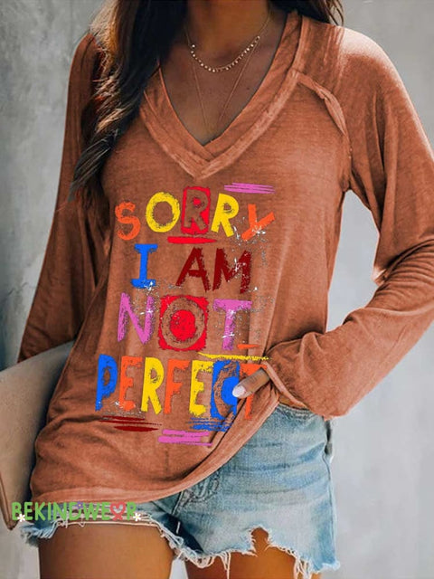 Women’s SORRY I AM NOT PERFECT Print Casual V Neck Long Sleeve Tops Orange / S