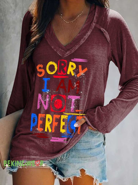Women’s SORRY I AM NOT PERFECT Print Casual V Neck Long Sleeve Tops Red / S