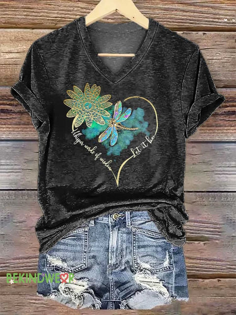 Women’s Whisper Wirds of Wisdow Let It Be Dragonfly V-neck Casual T-Shirt Black / S