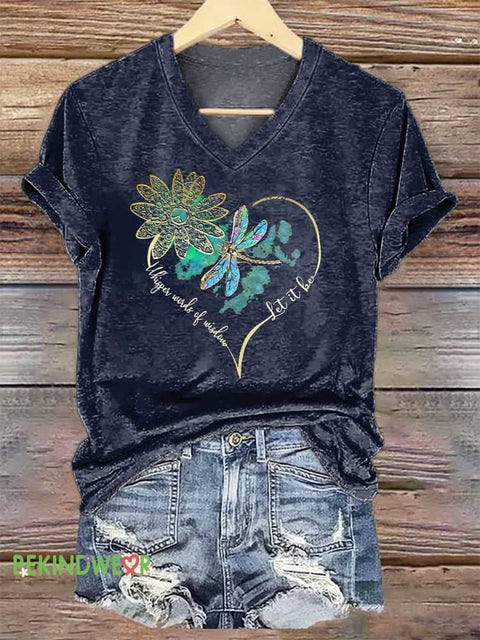 Women’s Whisper Wirds of Wisdow Let It Be Dragonfly V-neck Casual T-Shirt DarkBlue / S